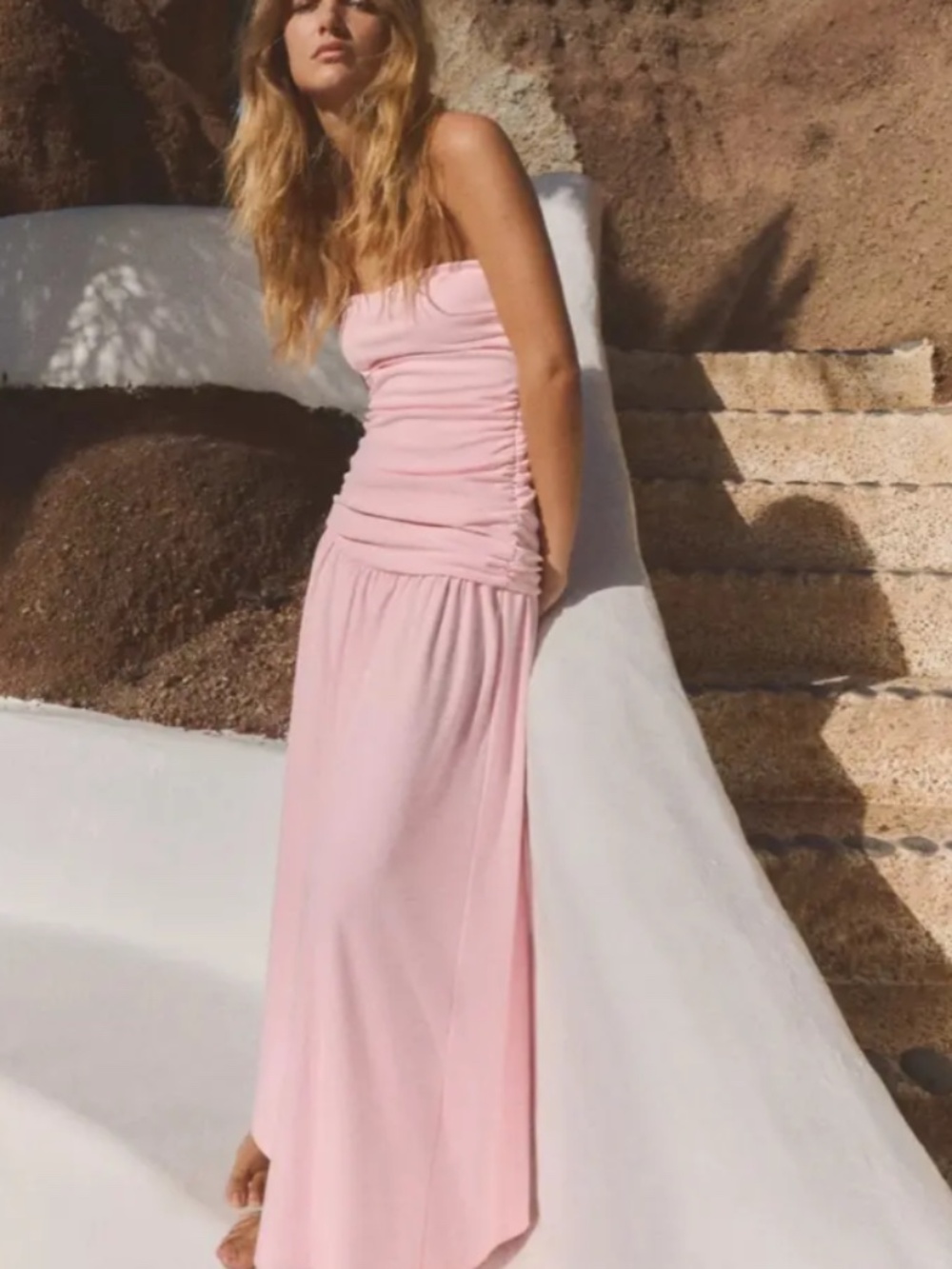 Zara Ruched Strapless Maxi Dress Pastel Pink – Size M